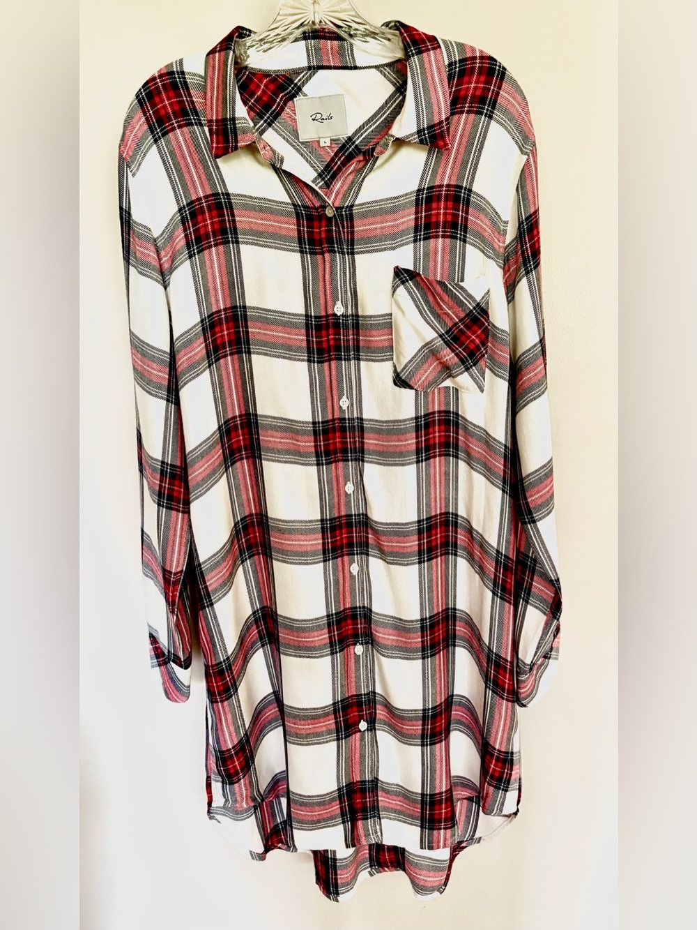 Rails Pella White Red Navy Plaid Flannel Button Down Long Sleeve Shirt Dress L